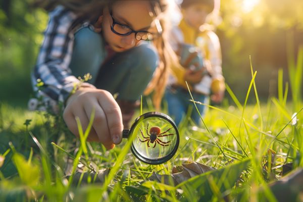 a kid looking to a spider through a convex lens