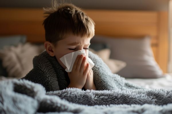 A kid having cold symptoms and using a tissue